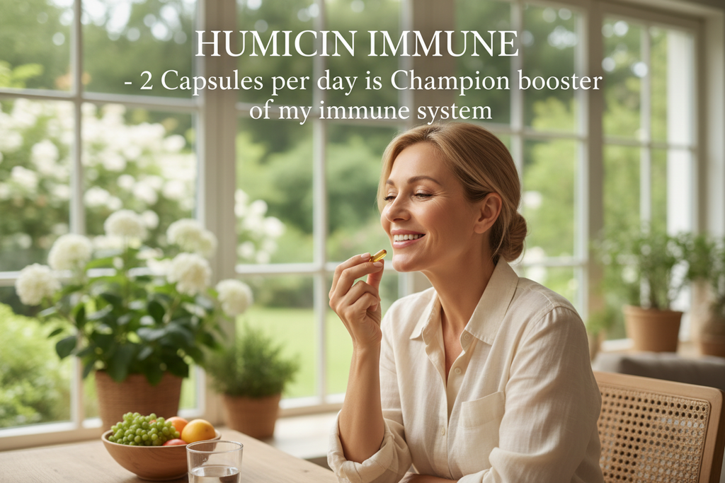 HUMICIN IMMUNE  -  2 Capsules per day is Champion booster of my immune system felirat (egyszer elég a képen. Csinos negyven nő egészséges környezetben és rajta is látszik az egészsége, bevesz két szem kapszulát mosolyogva