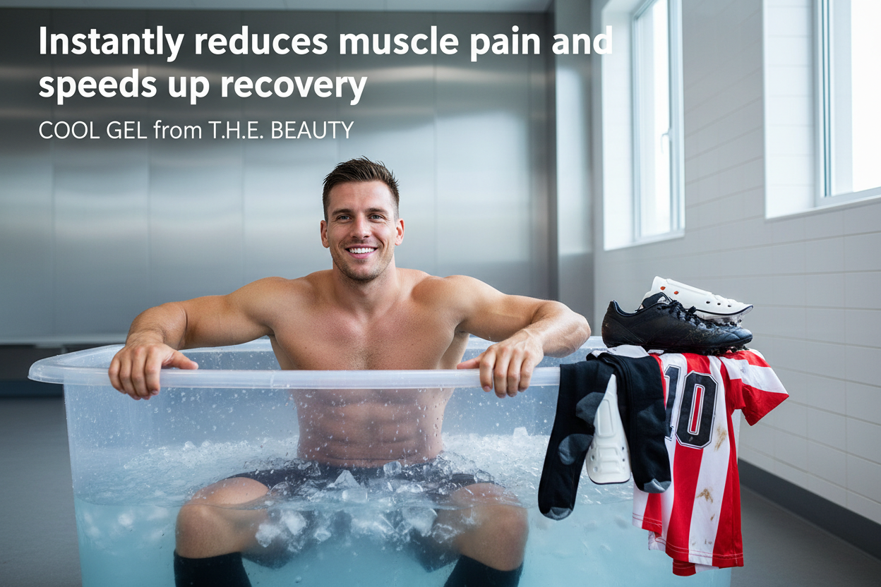 Instantly reduces muscle pain and speeds up recovery felirat majd alatta COOL GEL from T.H.E. BEAUTY ..  egy férfi izmos sportoló footbalista űl mosolyogva egy jéggel teli sport regeneráló kádban, mellette eldobált football cipő, mez és sportszár és sipcsontvédő egy kupacban. a gél nem látszik, nem része a képnek. A férfi karjai a kád oldalán lazán