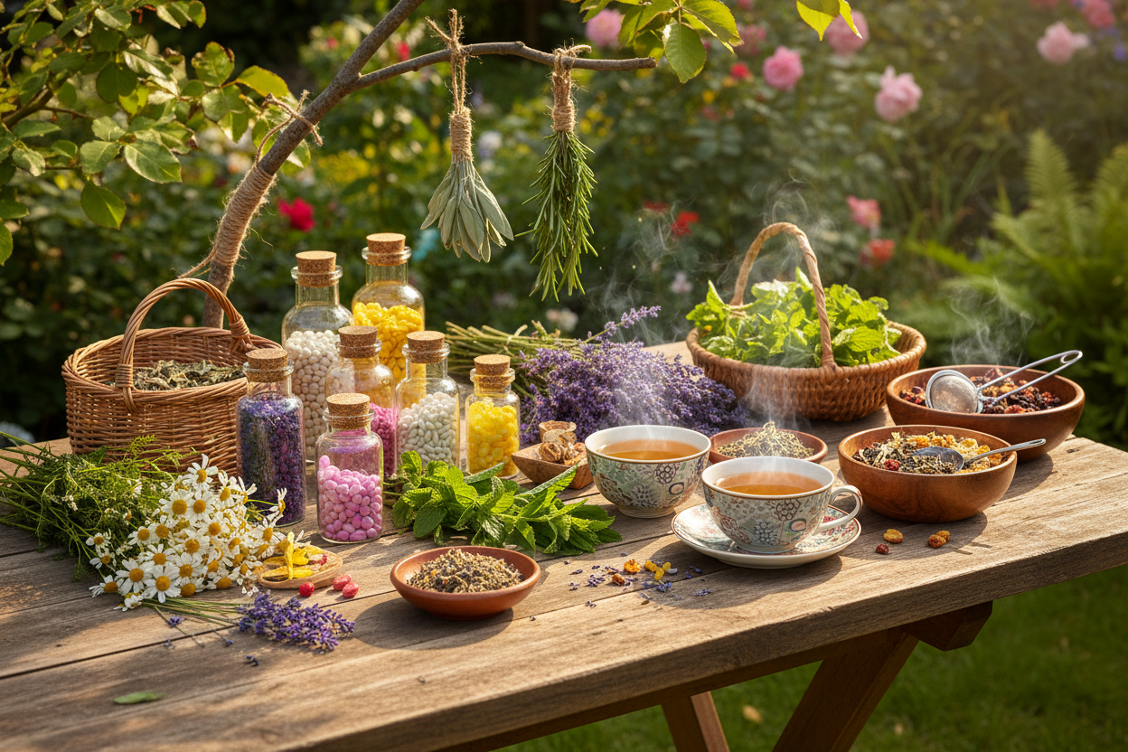 Táplálák kiegészitők és gyógynövények, teák egy szép kerti asztalon napsütésben 